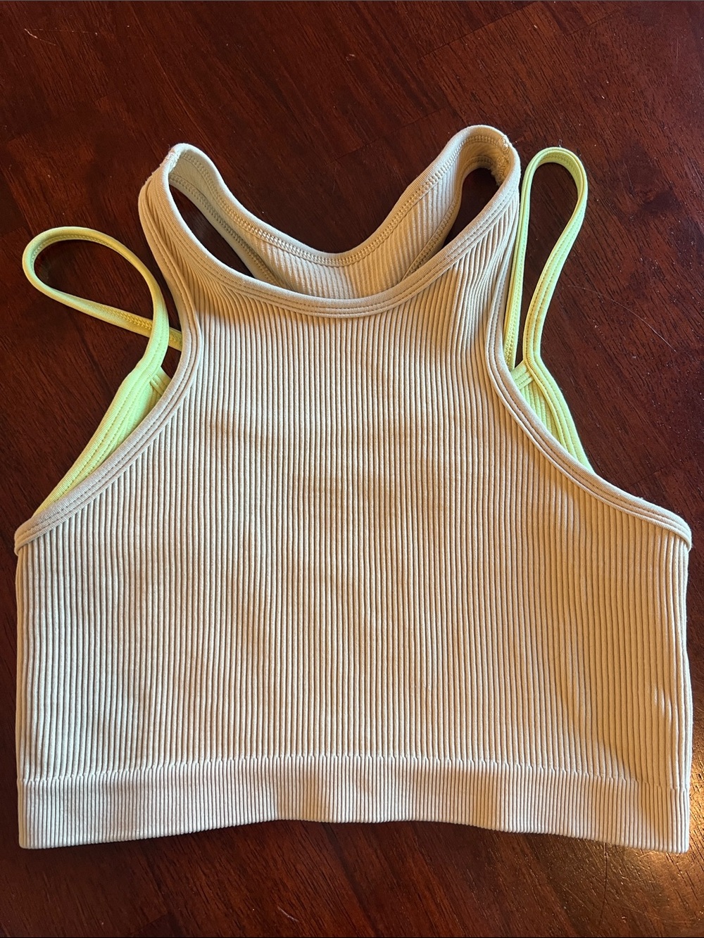 FP Movement by Free People Ribbed High-Neck Crop Top in Cream with Yellow Straps